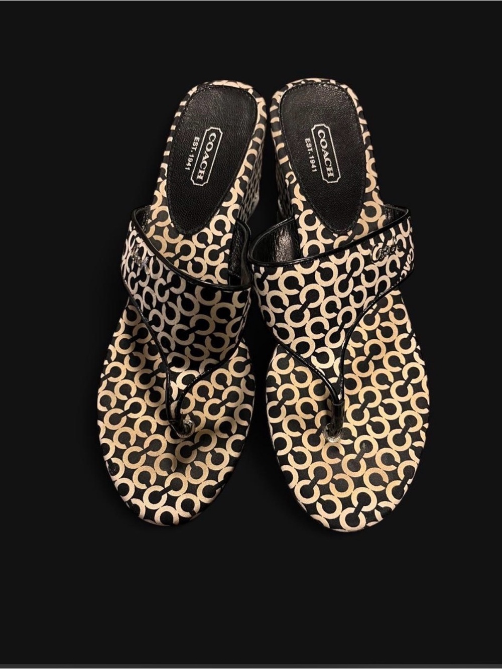 Coach Beige & Black Signature Flip Thong Sandals